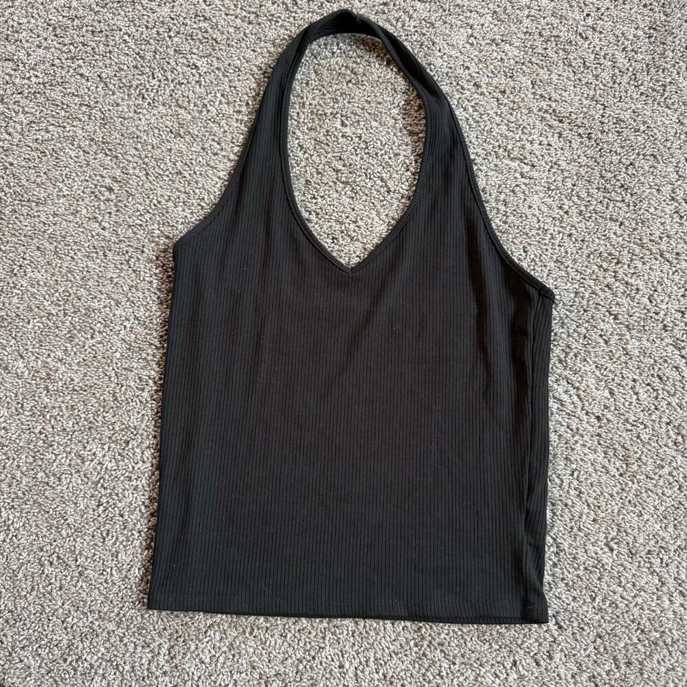 American Eagle Womens M Black Ribbed Halter Tank Top V Neck Sleeveless Cropped